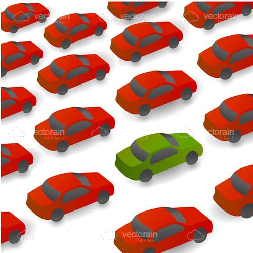 Green Car Surrounded by Red Cars Tiled Background